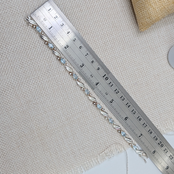 925 Sterling Silver Blue Topaz & CZ Link Bracelet 8” | Twisted Leaf Design - Picture 15 of 16